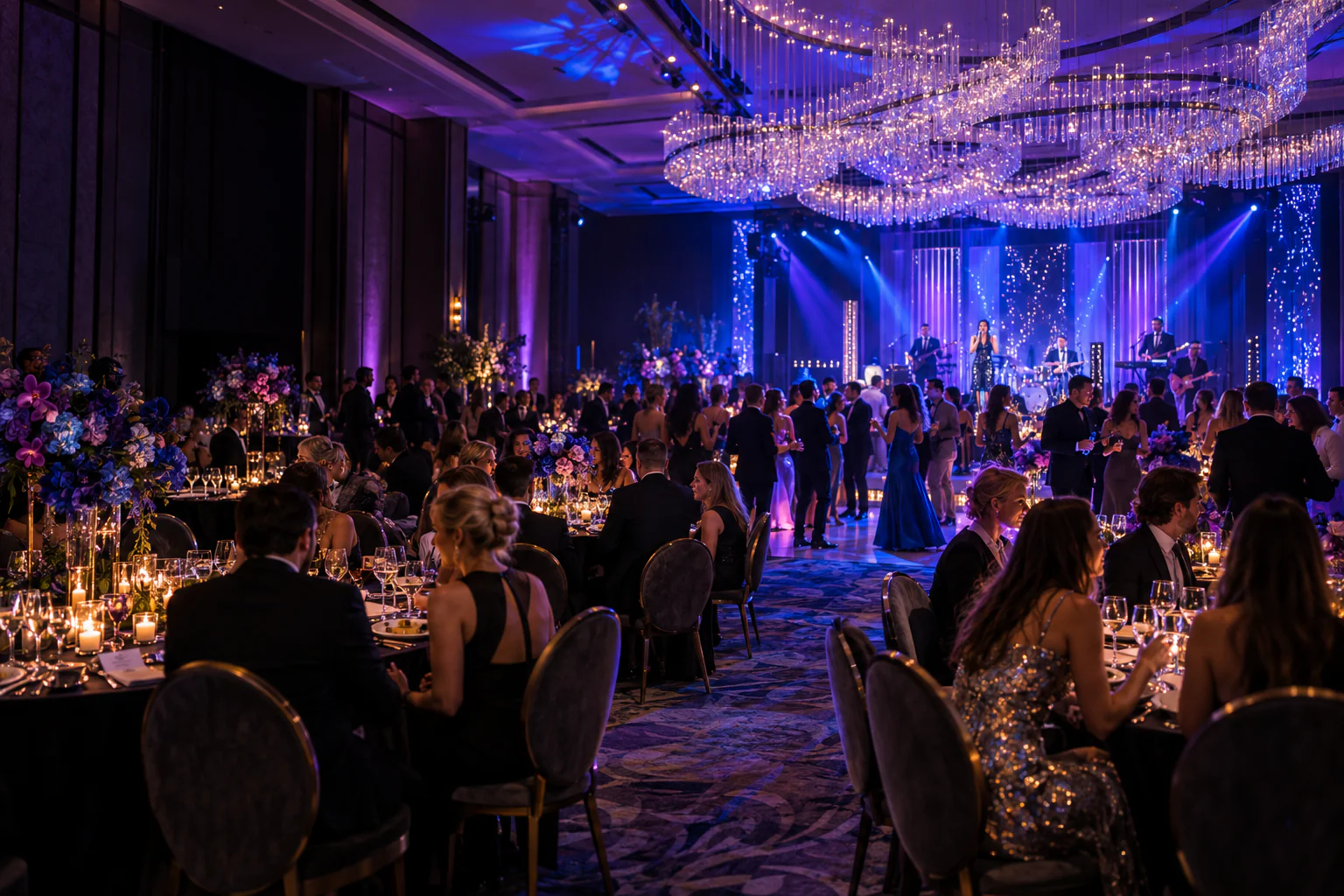 A ballroom celebration with live music and blue and violet lighting