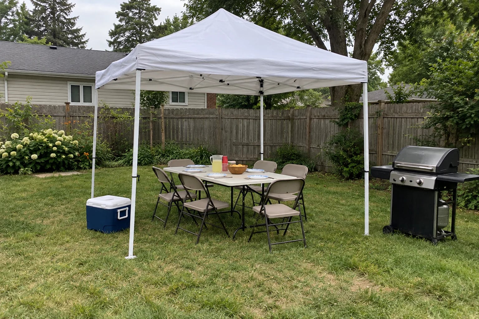 A white canopy over folding tables and chairs at a casual backyard barbecue