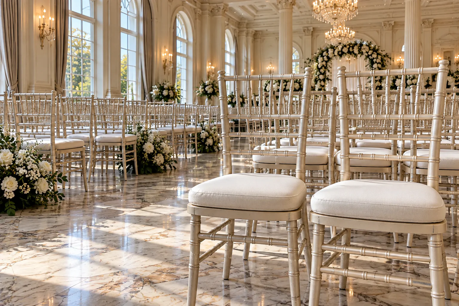 Ivory Chiavari chairs arranged in the wedding ballroom
