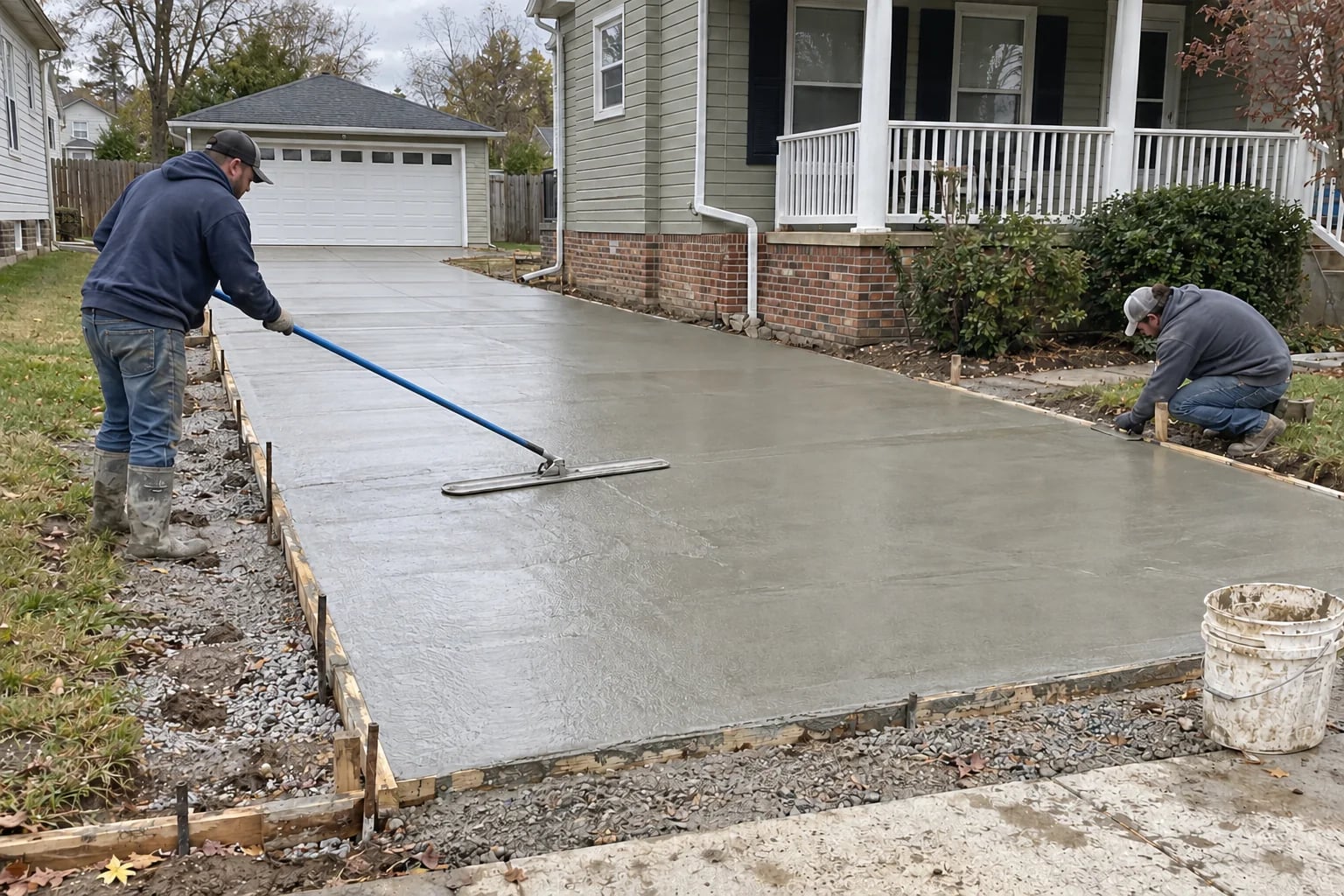 Local professionals finishing a concrete driveway beside a lived-in suburban home