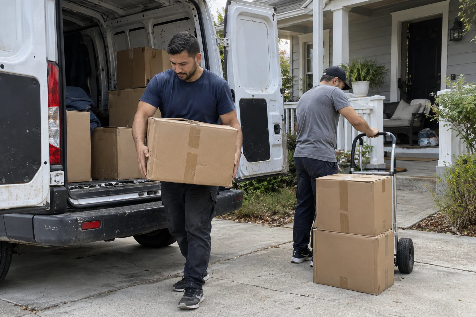 Two movers unloading boxes from a work van outside a home