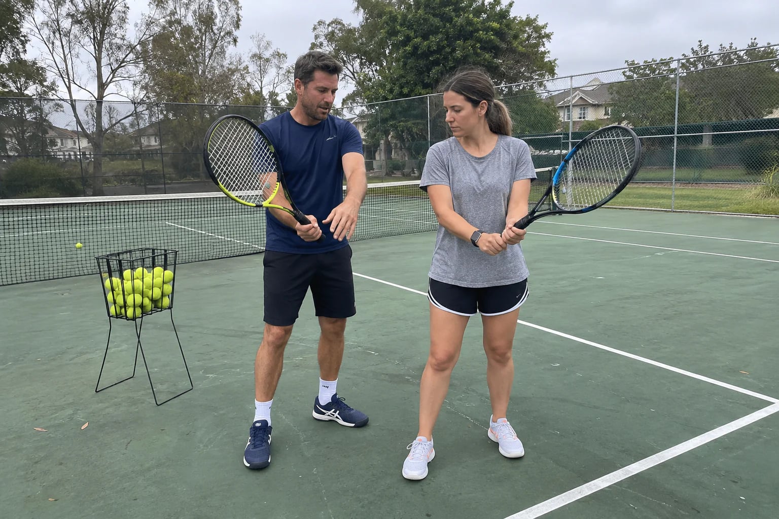 A coach helping an adult beginner with their racket grip on a neighborhood tennis court
