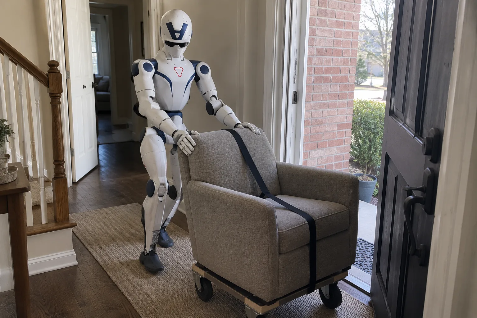 A Stints concept image of a humanoid robot moving a gray armchair on a dolly through a front doorway