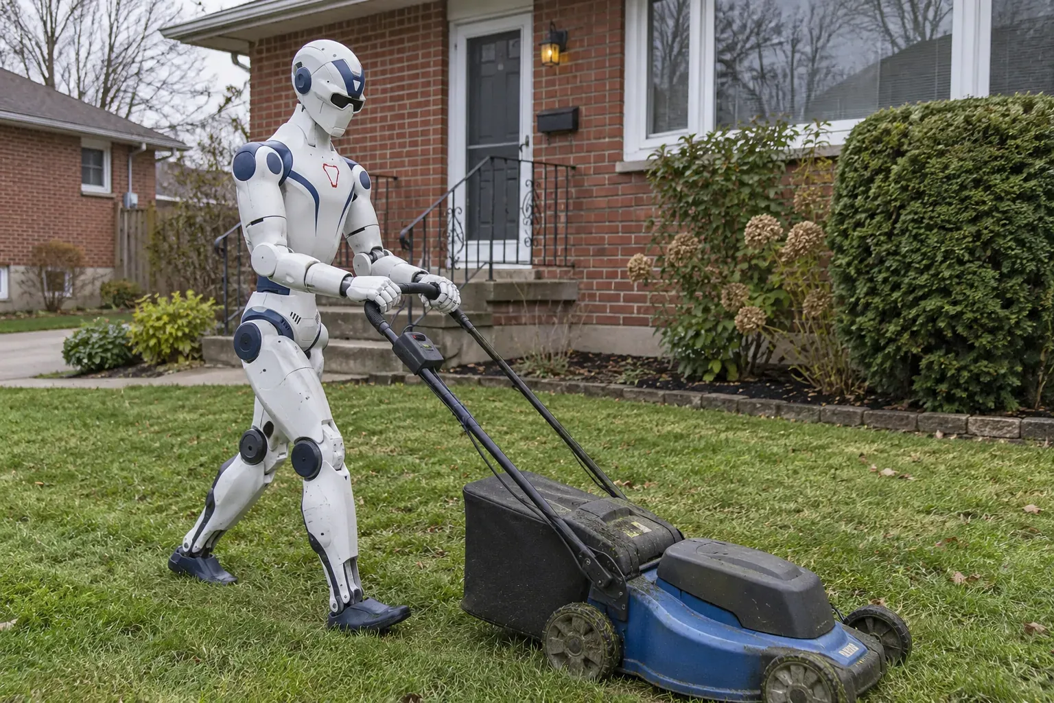 A Stints concept image of a humanoid robot mowing a lawn outside a brick home