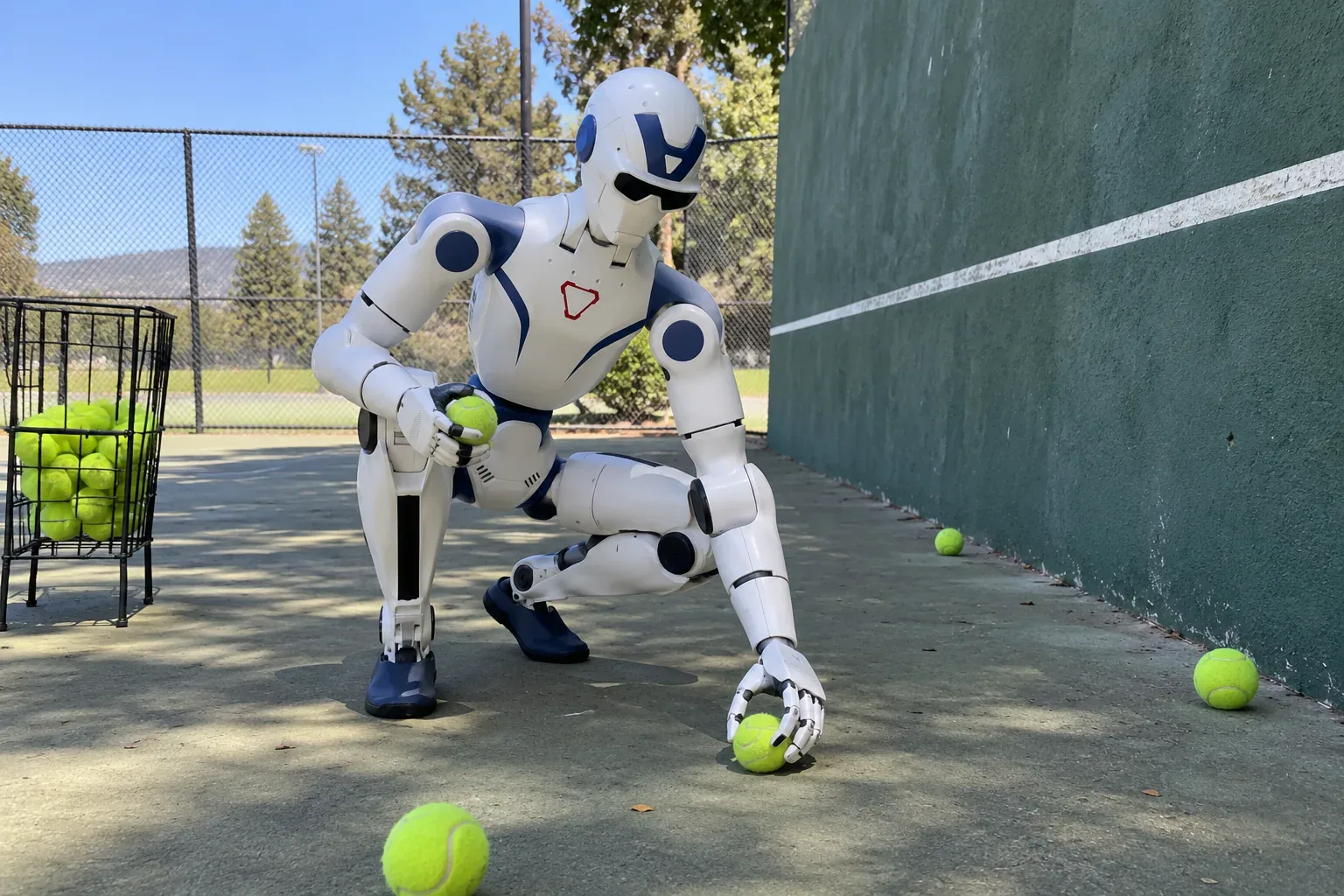 A Stints concept image of a humanoid robot collecting tennis balls beside a green practice wall