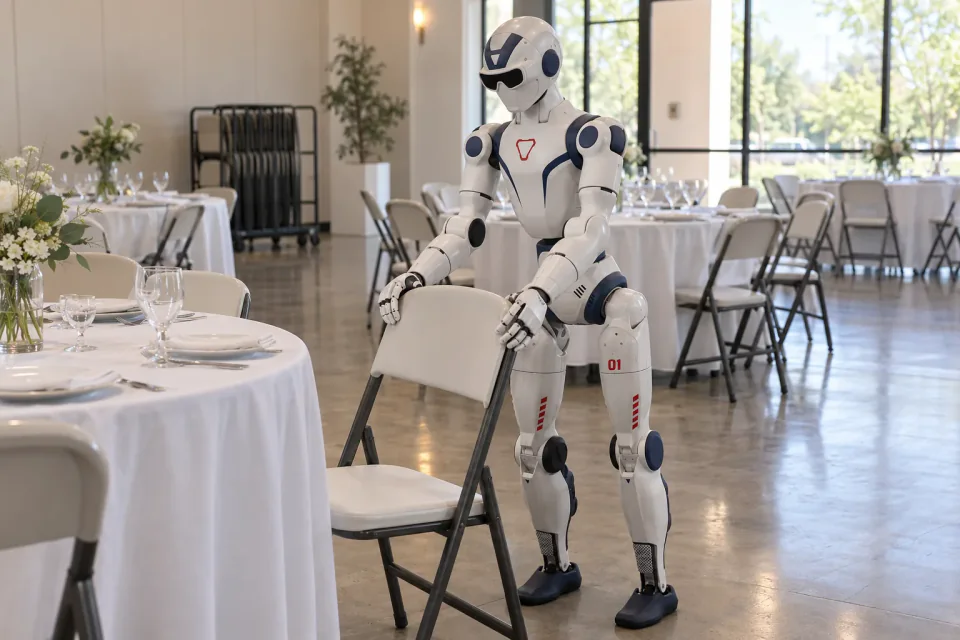 A humanoid robot arranging chairs in an event hall