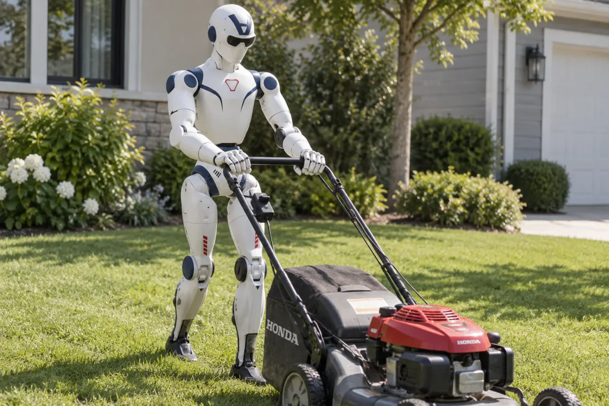 A humanoid robot mowing the lawn outside a home