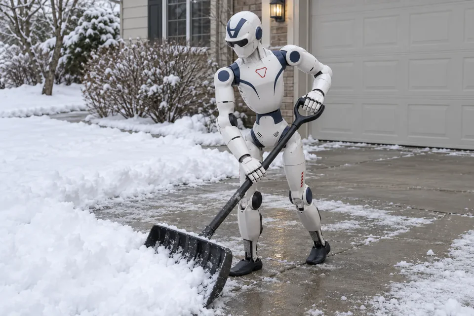 A humanoid robot clearing snow from a driveway