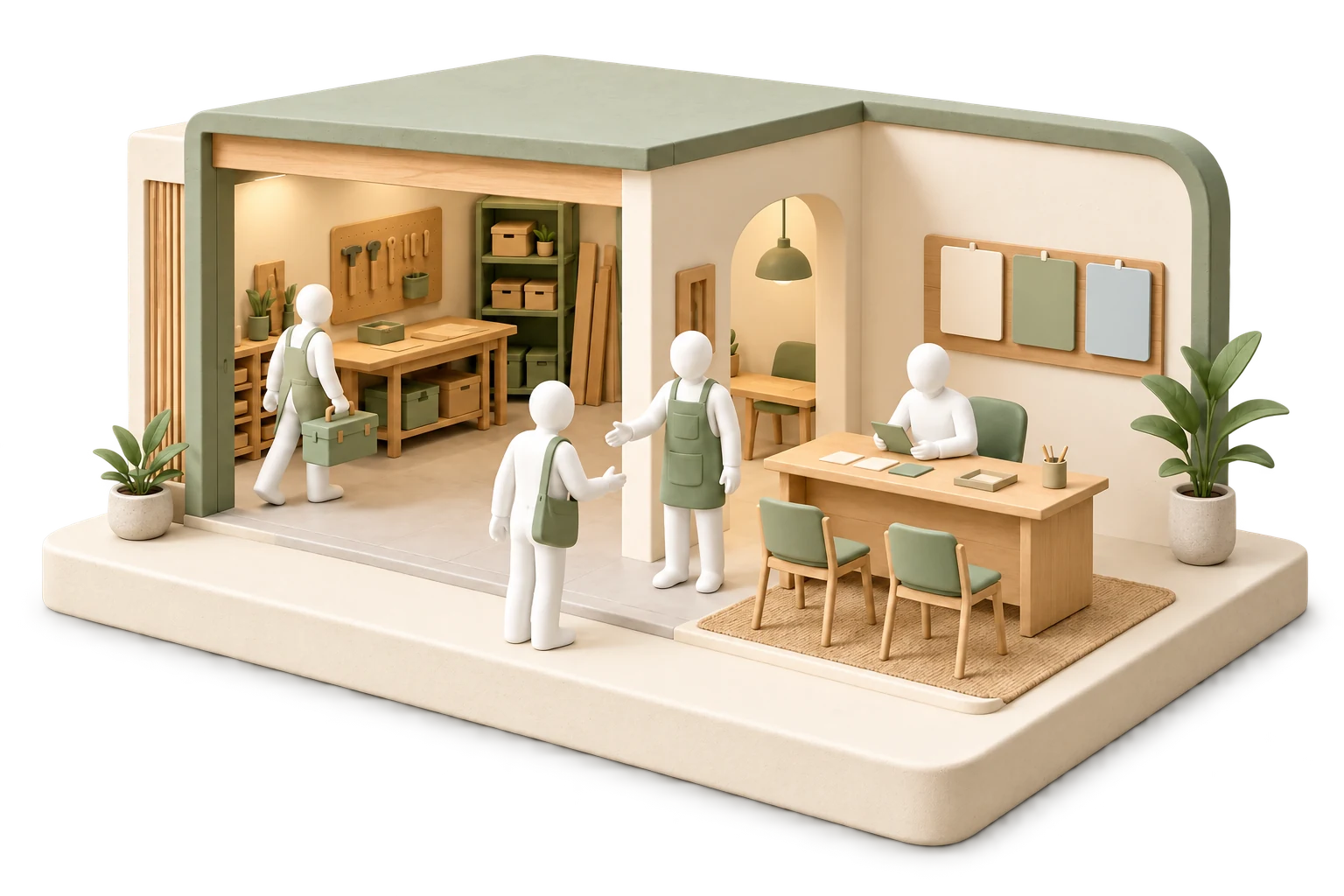 Soft 3D illustration of a business owner organizing work in a compact workshop with a team member and customers