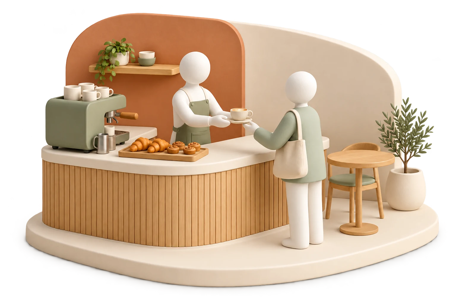 Soft 3D illustration of a café owner serving coffee to a customer across a pale oak counter