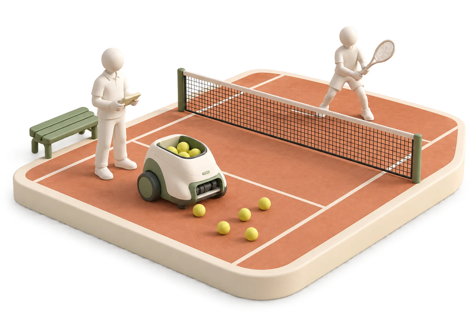 Soft 3D illustration of a compact ball-collection robot, a human operator, and a tennis player