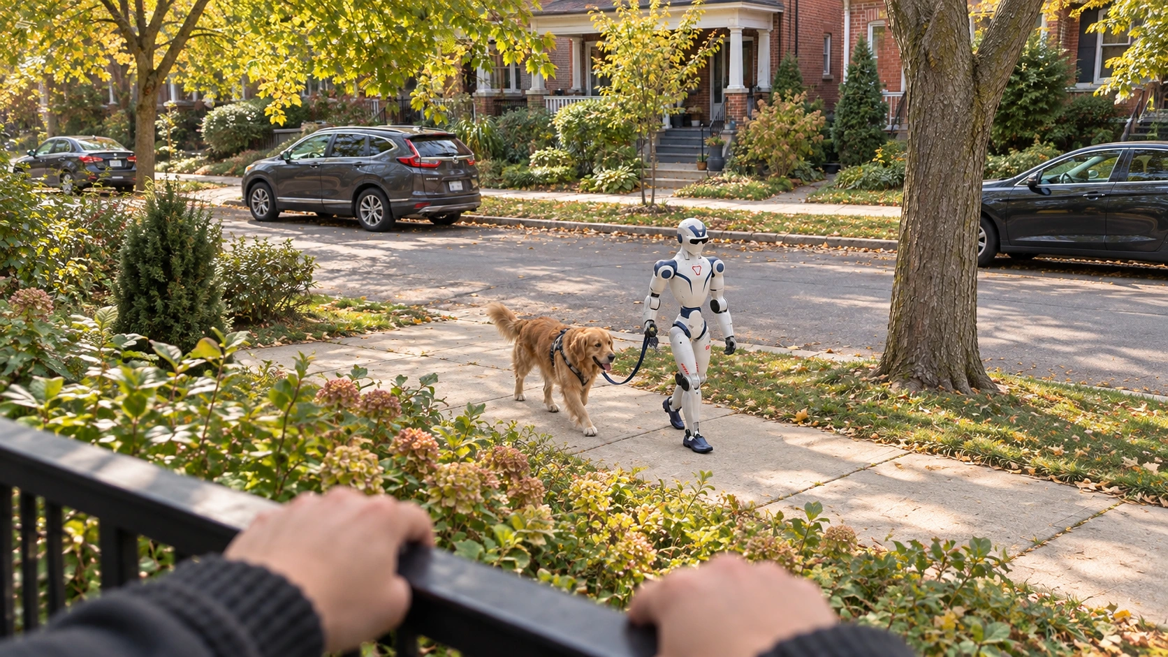 Wide view from a sunny Toronto patio with softly blurred hands on the railing, watching a robot walk a dog farther along the sidewalk